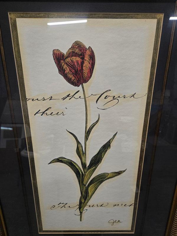 SET OF DECORATIVE FRAMED FLORAL PRINTS- LEFT: "LES FLUERS" RETAILING FOR $ MEASURING 19.5" X 25.5" ,