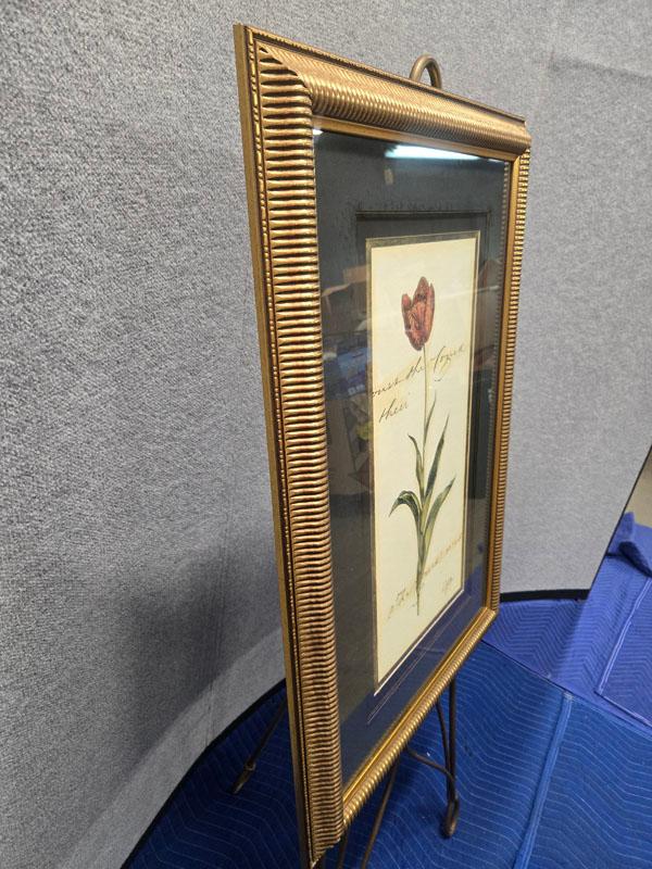 SET OF DECORATIVE FRAMED FLORAL PRINTS- LEFT: "LES FLUERS" RETAILING FOR $ MEASURING 19.5" X 25.5" ,