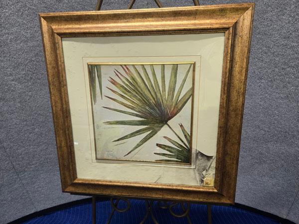 FRAMED LEAF ARTWORK - ARTIST SIGNED - AS IS - GLASS IS BROKEN AND MAT IS DAMAGED