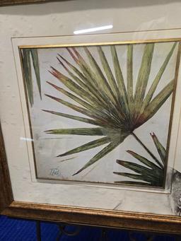 FRAMED LEAF ARTWORK - ARTIST SIGNED - AS IS - GLASS IS BROKEN AND MAT IS DAMAGED