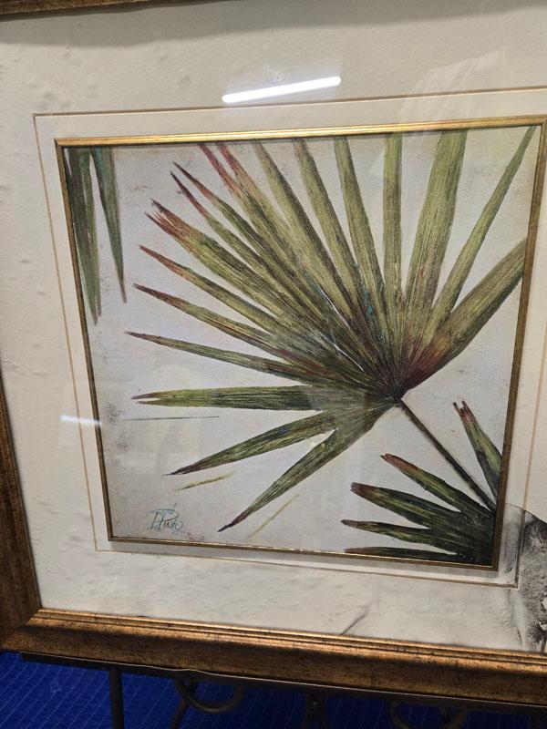 FRAMED LEAF ARTWORK - ARTIST SIGNED - AS IS - GLASS IS BROKEN AND MAT IS DAMAGED