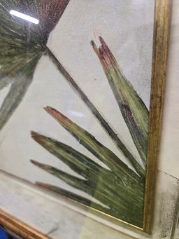 FRAMED LEAF ARTWORK - ARTIST SIGNED - AS IS - GLASS IS BROKEN AND MAT IS DAMAGED
