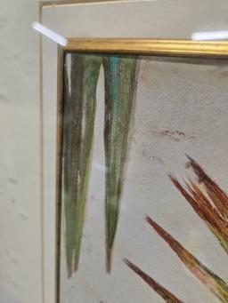 FRAMED LEAF ARTWORK - ARTIST SIGNED - AS IS - GLASS IS BROKEN AND MAT IS DAMAGED