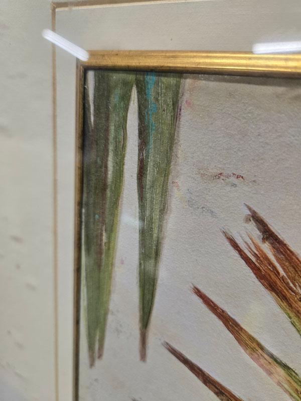 FRAMED LEAF ARTWORK - ARTIST SIGNED - AS IS - GLASS IS BROKEN AND MAT IS DAMAGED