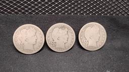 (3) U.S. SILVER BARBER QUARTERS (2) 1908 AND (1) 1909 - NO MINT MARKS