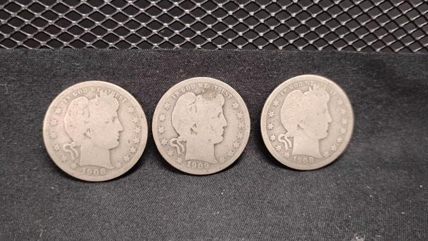(3) U.S. SILVER BARBER QUARTERS (2) 1908 AND (1) 1909 - NO MINT MARKS
