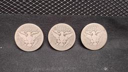 (3) U.S. SILVER BARBER QUARTERS (2) 1908 AND (1) 1909 - NO MINT MARKS