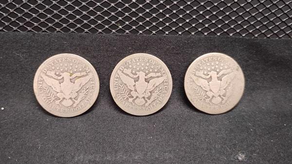 (3) U.S. SILVER BARBER QUARTERS (2) 1908 AND (1) 1909 - NO MINT MARKS