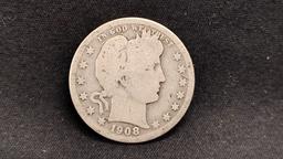 (3) U.S. SILVER BARBER QUARTERS (2) 1908 AND (1) 1909 - NO MINT MARKS