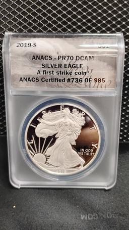 (2) 2019-S $1 U.S. SILVER EAGLE FIRST STRIKE COINS # 735 AND 736 OF 985 - PR70