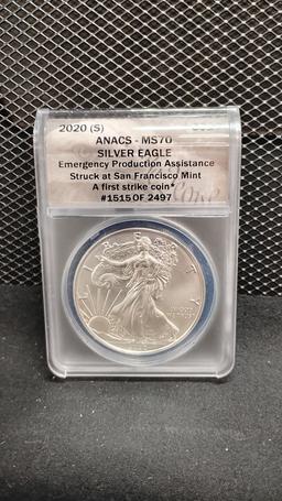 2020-S U.S. $1 SILVER EAGLE COIN - EMERGENCY PRODUCTION ASSISTANCE - A FIRST STRIKE COIN #1515 OF 24