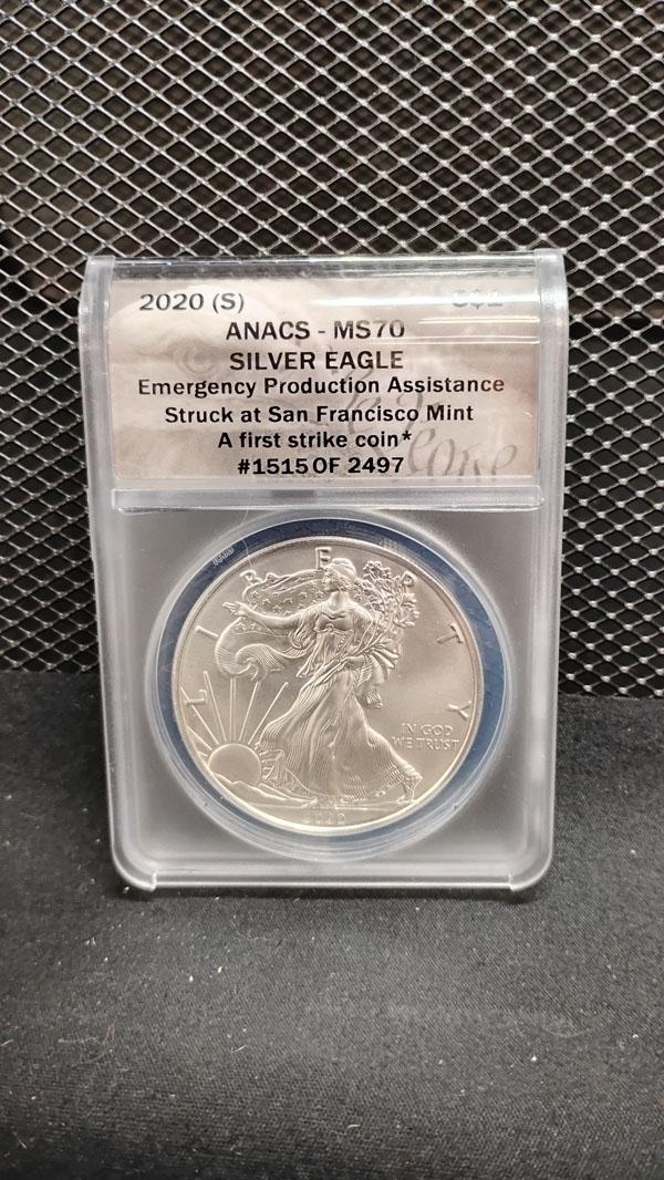 2020-S U.S. $1 SILVER EAGLE COIN - EMERGENCY PRODUCTION ASSISTANCE - A FIRST STRIKE COIN #1515 OF 24