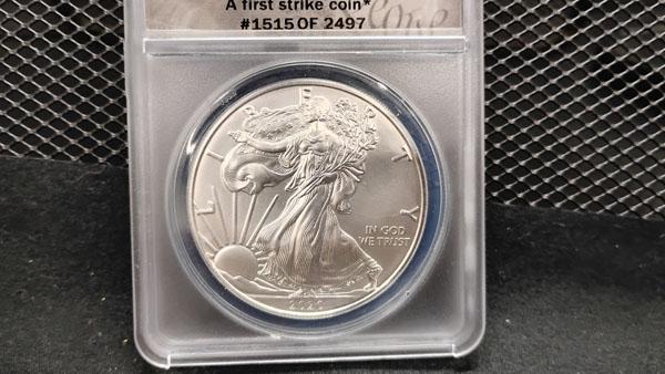 2020-S U.S. $1 SILVER EAGLE COIN - EMERGENCY PRODUCTION ASSISTANCE - A FIRST STRIKE COIN #1515 OF 24