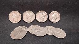 (10) U.S. SILVER MERCURY DIMES - NO MINT MARKS - 1940, (3) 1941 AND (6) 1942
