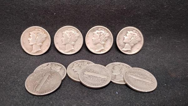 (10) U.S. SILVER MERCURY DIMES - NO MINT MARKS - 1940, (3) 1941 AND (6) 1942