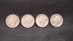 (10) U.S. SILVER MERCURY DIMES - NO MINT MARKS - 1940, (3) 1941 AND (6) 1942