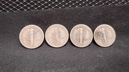 (10) U.S. SILVER MERCURY DIMES - NO MINT MARKS - 1940, (3) 1941 AND (6) 1942