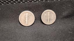 (10) U.S. SILVER MERCURY DIMES - NO MINT MARKS - 1940, (3) 1941 AND (6) 1942