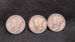 (10) U.S. SILVER MERCURY DIMES - NO MINT MARKS - 1940, (3) 1941 AND (6) 1942