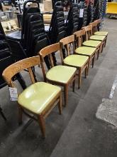 7 GREEN UPHOLSTERED WOOD FRAM CHAIRS 30"