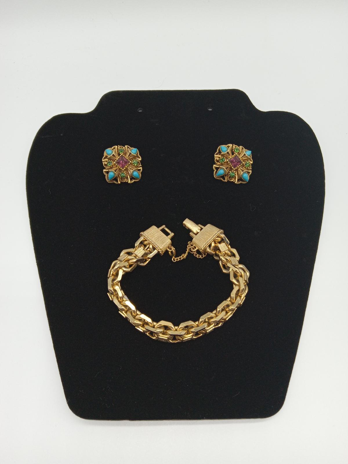 Pair 1980's Earrings and Gold Tone Bracelet