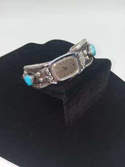 Ladies Cuff Native American Sterling and Turq Watch