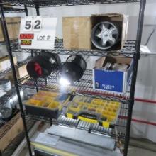 Rack w/Contents:  Exhaust In-Line Duct Fans, Electronic Parts, Screws, Switcher, HVAC Heat & Cooling