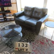 Leather Love Seat, (2) Tables & Area Rug