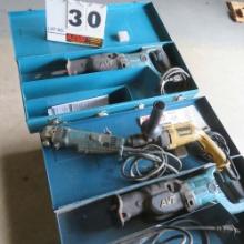 (2) Makita Reciprocal Saws, DeWalt DW235G 1/2" VSR Drill, Makita Angle Drill