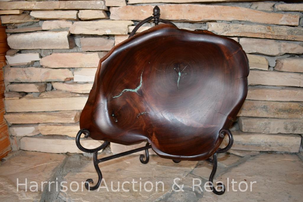 Authentic Native American hand carved wooden bowl with metal display stand