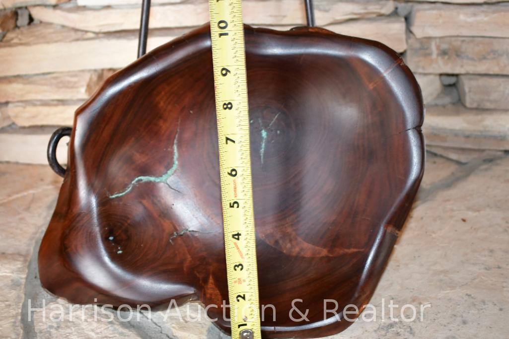 Authentic Native American hand carved wooden bowl with metal display stand