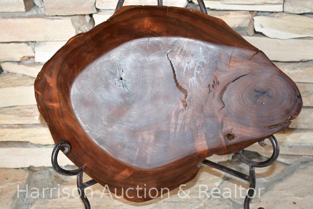 Authentic Native American hand carved wooden bowl with metal display stand