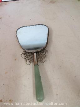 Vintage Hand mirror with blue ceramic backing