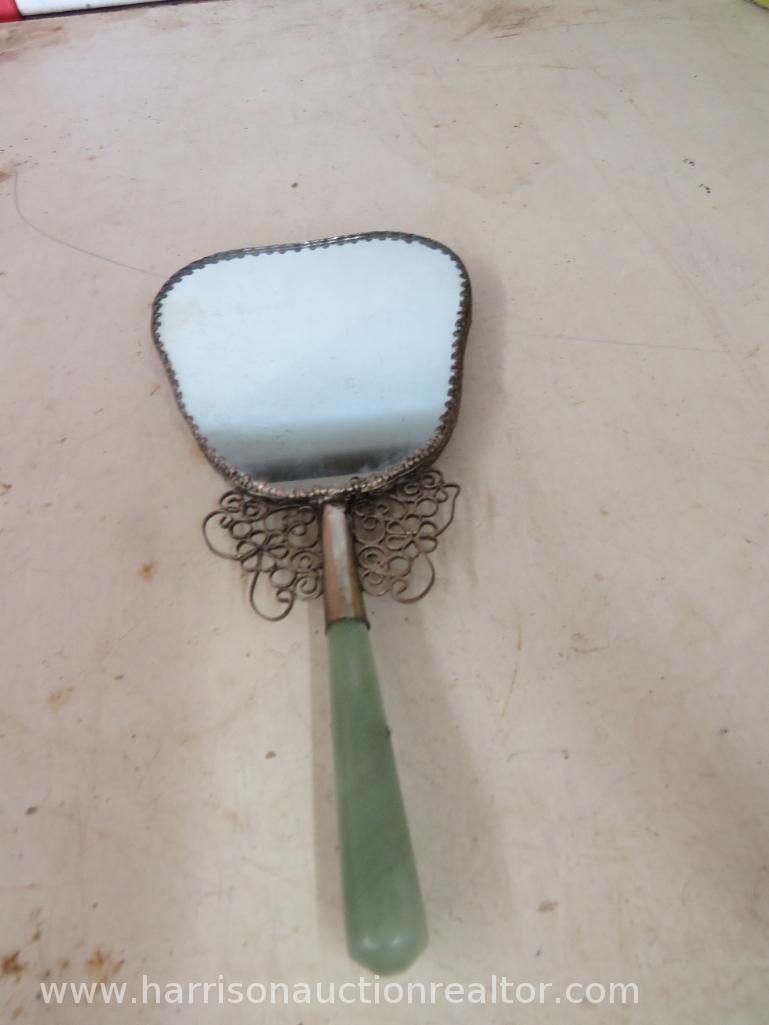 Vintage Hand mirror with blue ceramic backing