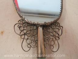 Vintage Hand mirror with blue ceramic backing
