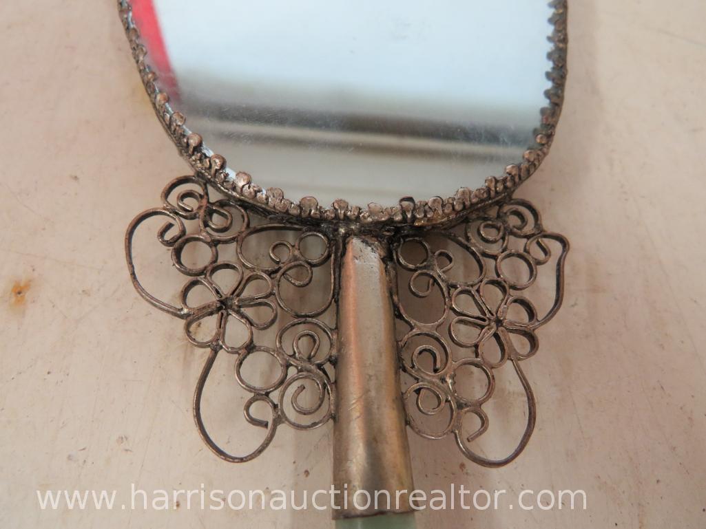 Vintage Hand mirror with blue ceramic backing