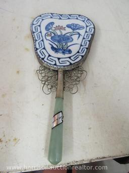 Vintage Hand mirror with blue ceramic backing