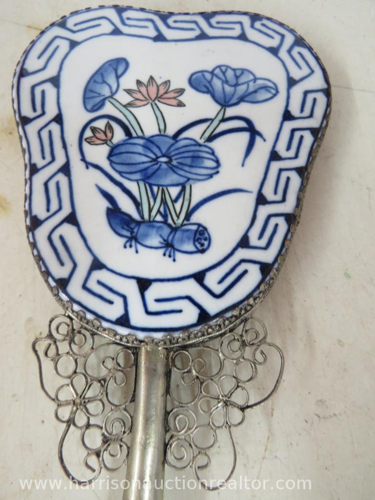 Vintage Hand mirror with blue ceramic backing