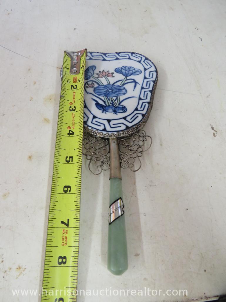 Vintage Hand mirror with blue ceramic backing