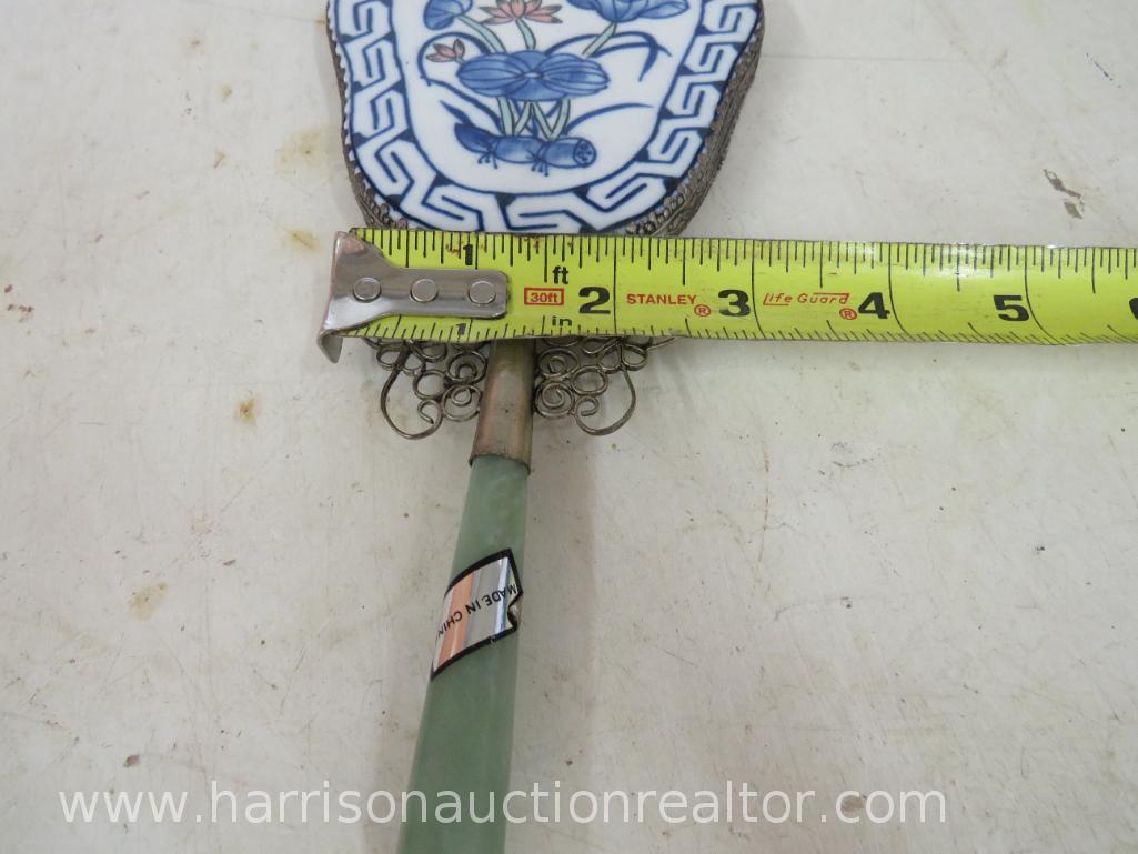 Vintage Hand mirror with blue ceramic backing