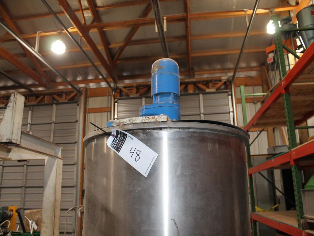 JACKETED STAINLESS STEEL HORIZONTAL CONE BOTTOM MIXER TANK WITH TOP MOUNTED ELECTRIC AGITATOR