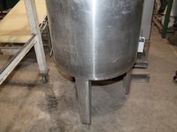 JACKETED STAINLESS STEEL HORIZONTAL CONE BOTTOM MIXER TANK WITH TOP MOUNTED ELECTRIC AGITATOR