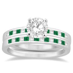 Princess Cut Diamond and Emerald Bridal Ring Set 14k White Gold 1.54ctw