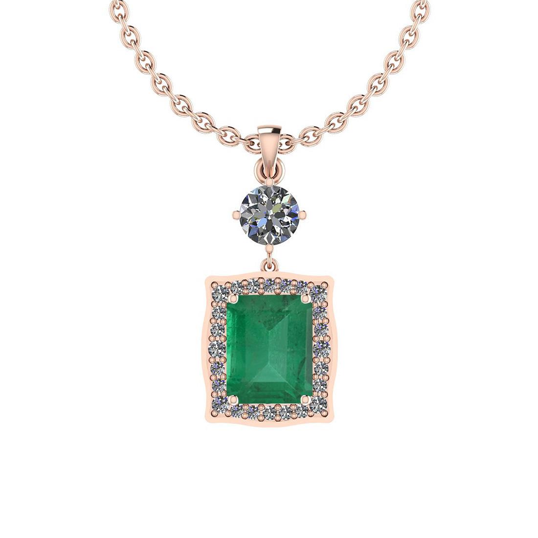 Certified 3.30 Ctw Emerald and Diamond I2/I3 14K Rose Gold Victorian Style Pendant Necklace