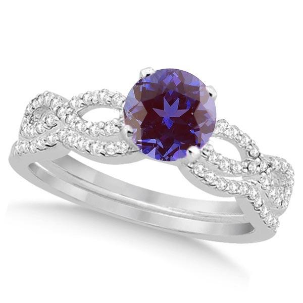 Infinity Style Alexandrite and Diamond Bridal Set 14k White Gold 1.29ctw