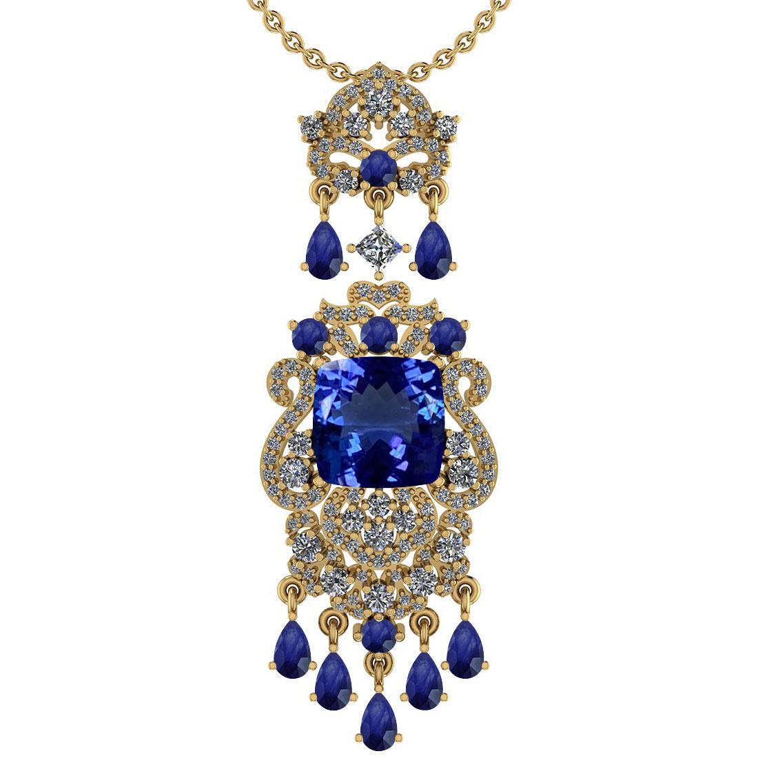 Certified 11.78 Ctw VS/SI1 Tanzanite,Blue Sapphire And Diamond 14K Yellow Gold Vintage Style Necklac