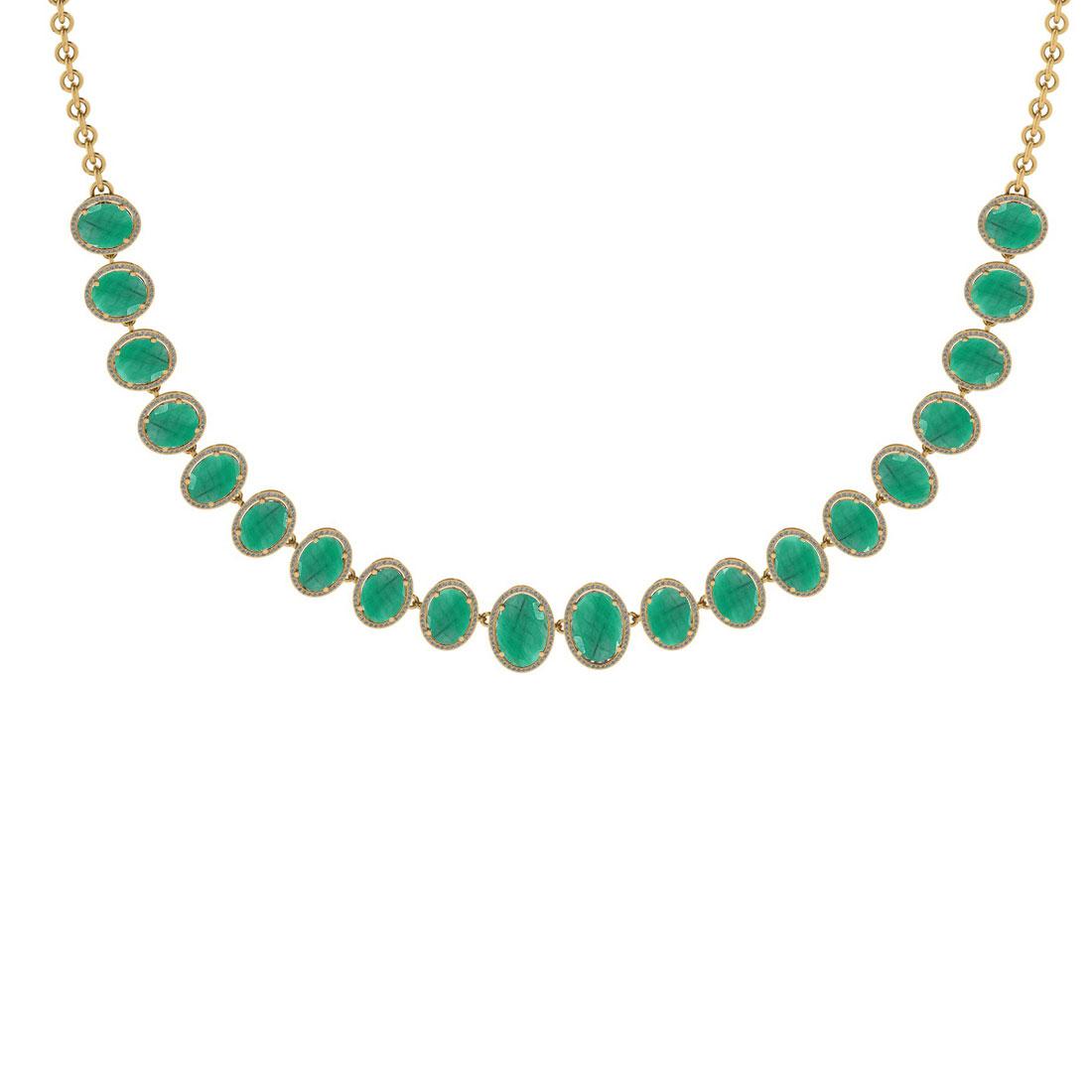 44.40 Ctw VS/SI1 Emerald And Diamond 14K Yellow Gold Girls Fashion Necklace (ALL DIAMOND ARE LAB GRO