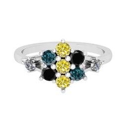 0.80 Ctw I2/I3 Multi Treated Fancy Blue,Black,Yellow And White Diamond 18K White Gold Flower Ring