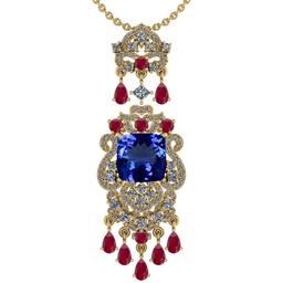 Certified 11.78 Ctw VS/SI1 Tanzanite,RUBY And Diamond 14K Yellow Gold Vintage Style Necklace