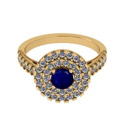 1.30 Ctw SI2/I1 Blue Sapphire And Diamond 14K Yellow Gold two Row Engagement Halo Ring